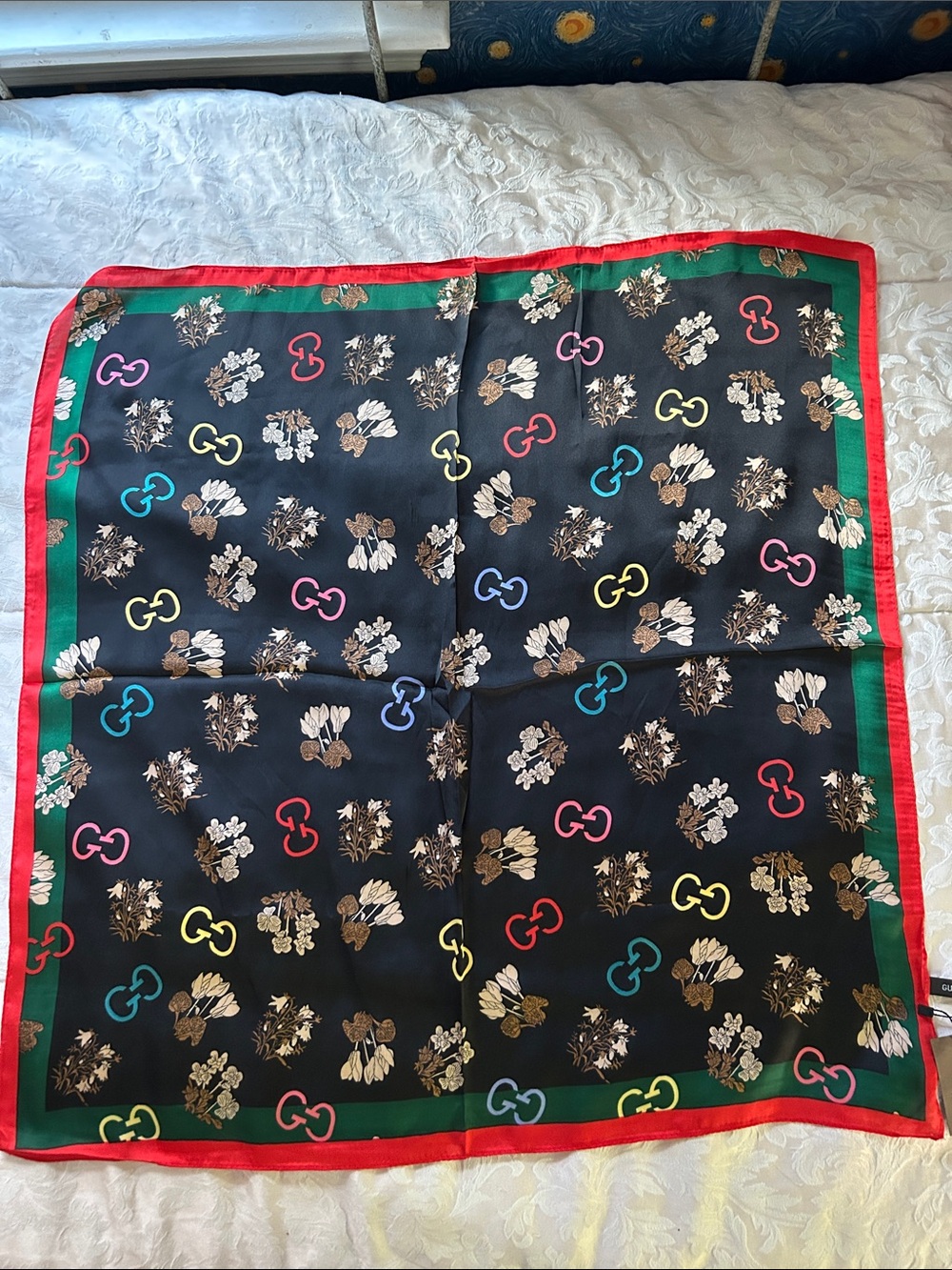 100% Silk Floral Logo Square Scarf Black Green Red NWT 28”x27”